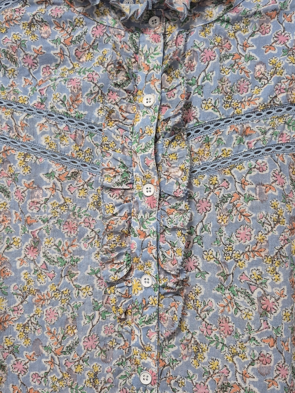 🌸 Democracy Floral Ruffle Button-Front Blouse – Light Blue – Size L - Picture 3 of 13